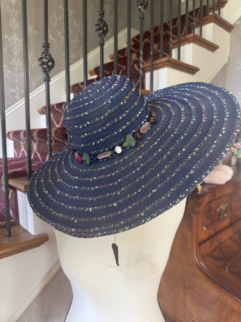LAKE SHORE DRIVE ladies NWT wide, brim, beaded hat, navy - Picture 2 of 10